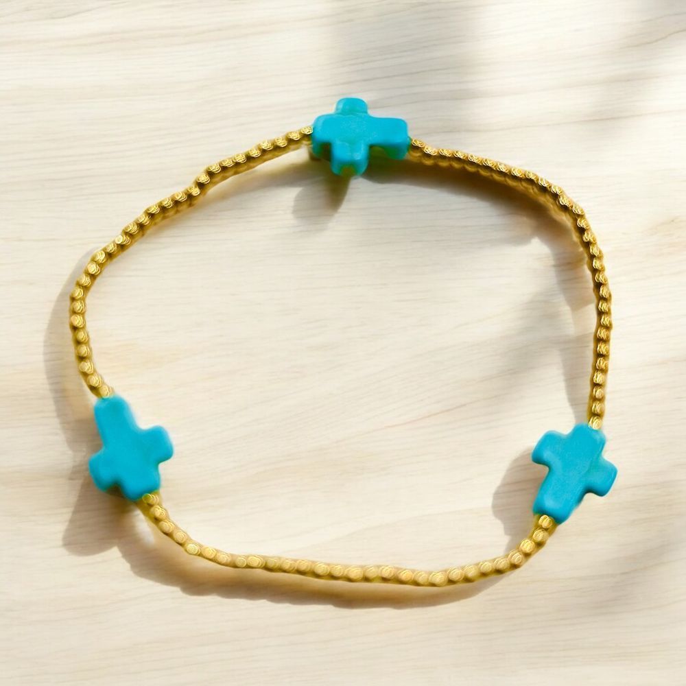 Boho Handmade Copper Beaded Stretch Bracelet with‎ Turquoise Cross Accents